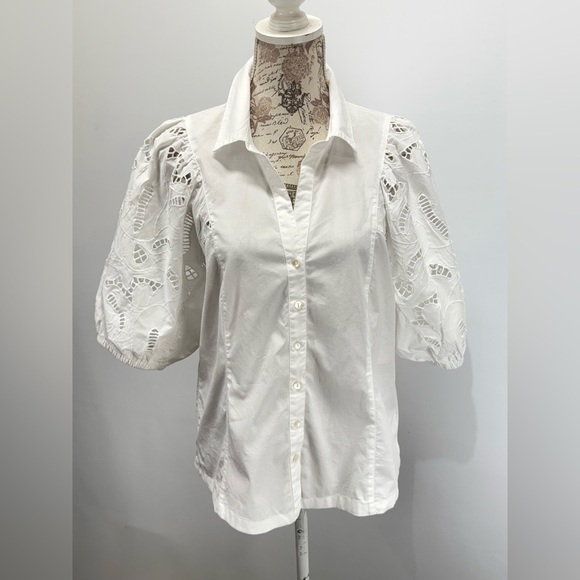 NIC+ZOE White puff eyelet sleeve button down top size L - Picture 9 of 15